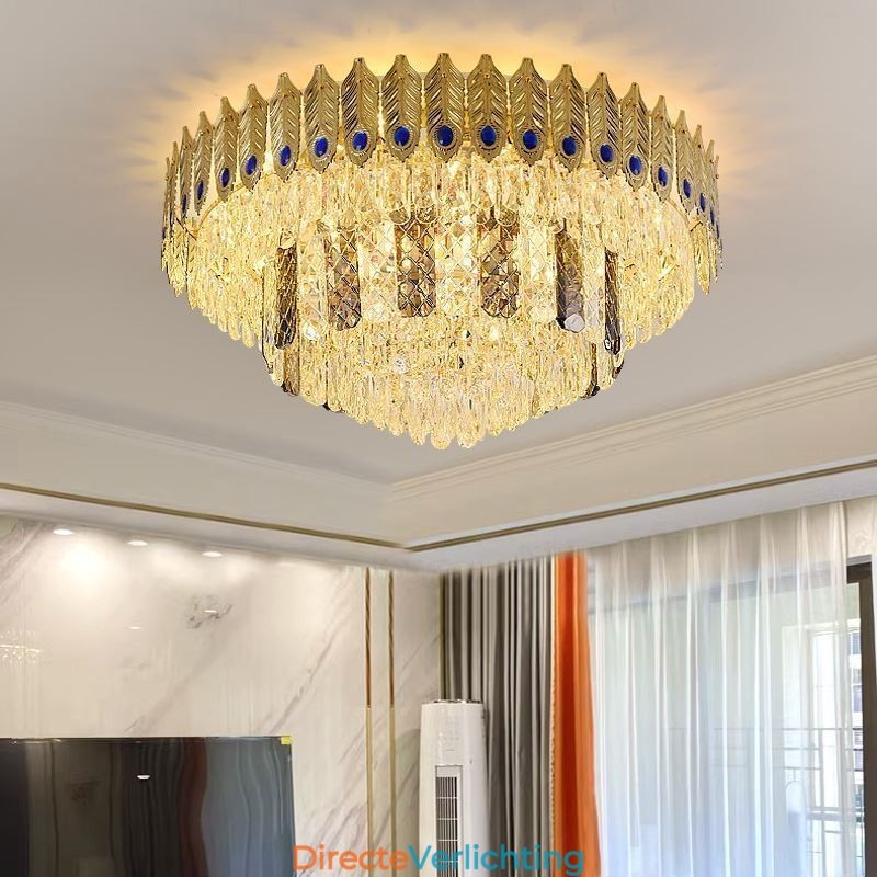 Kristallen plafondlamp met ronde, gegalvaniseerde Phoenix Tail-gouden luxe decoratieve plafondlamp