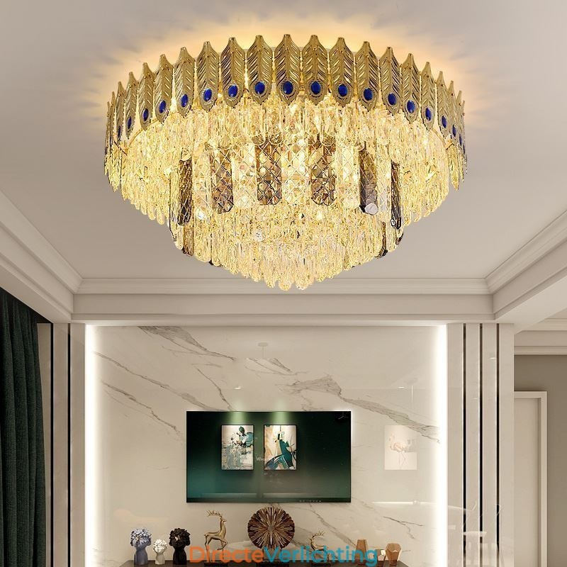 Kristallen plafondlamp met ronde, gegalvaniseerde Phoenix Tail-gouden luxe decoratieve plafondlamp