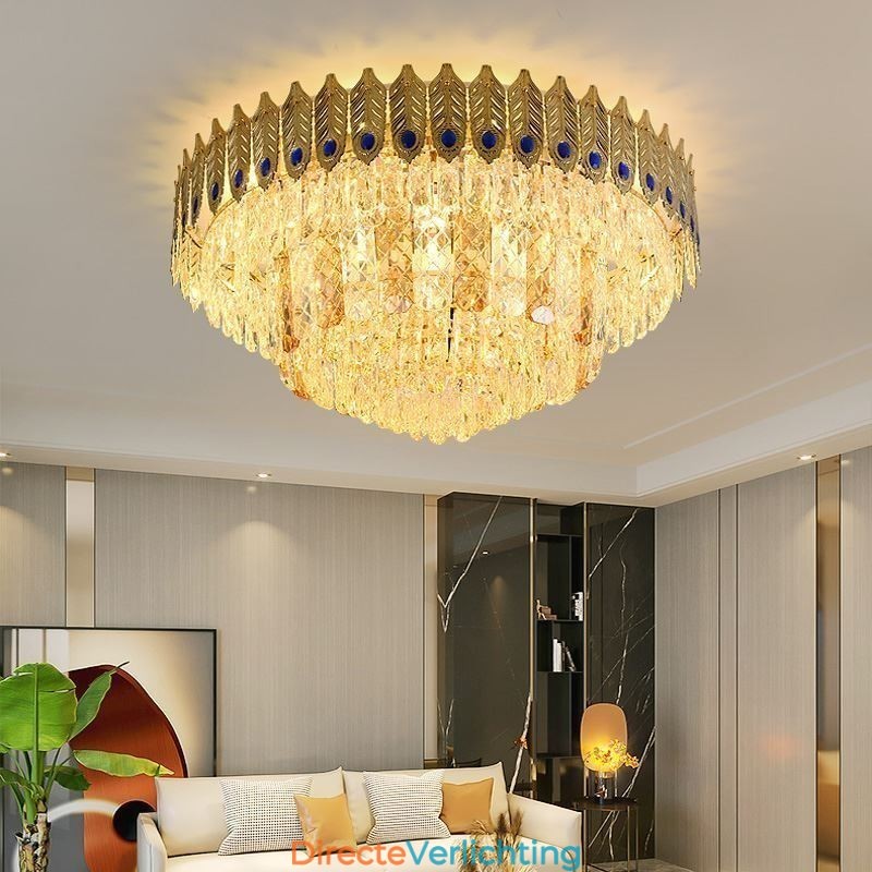 Kristallen plafondlamp met ronde, gegalvaniseerde Phoenix Tail-gouden luxe decoratieve plafondlamp
