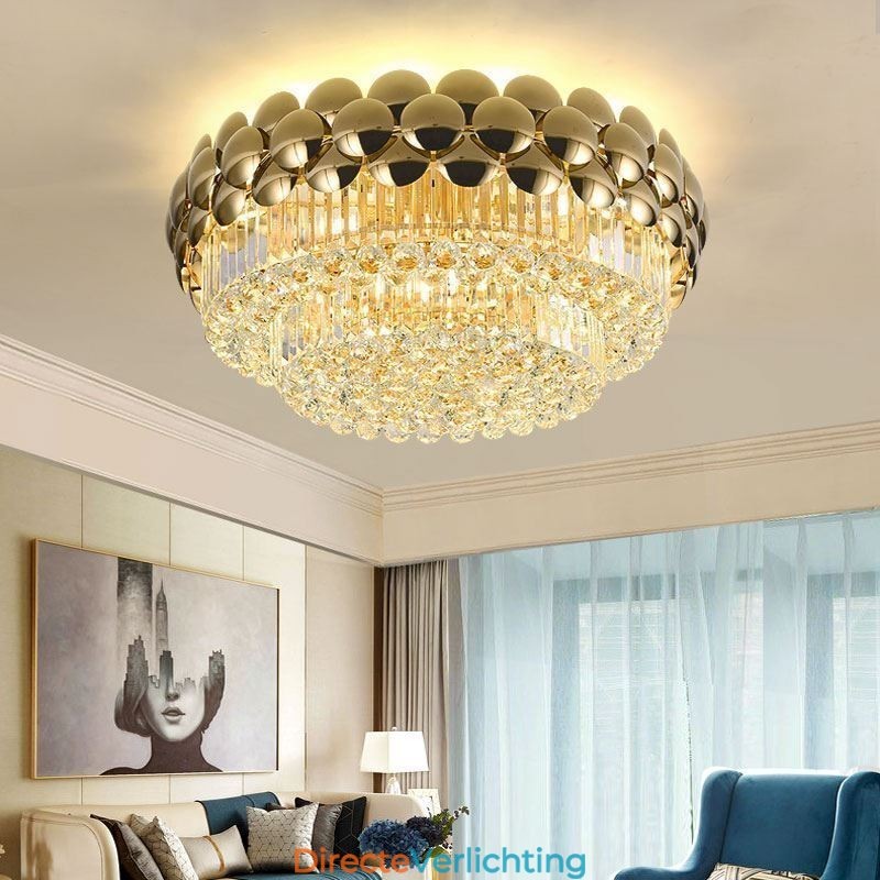 Kristallen plafondlamp in de vorm van een ronde, gegalvaniseerde gouden luxe decoratieve lamp van 80 cm