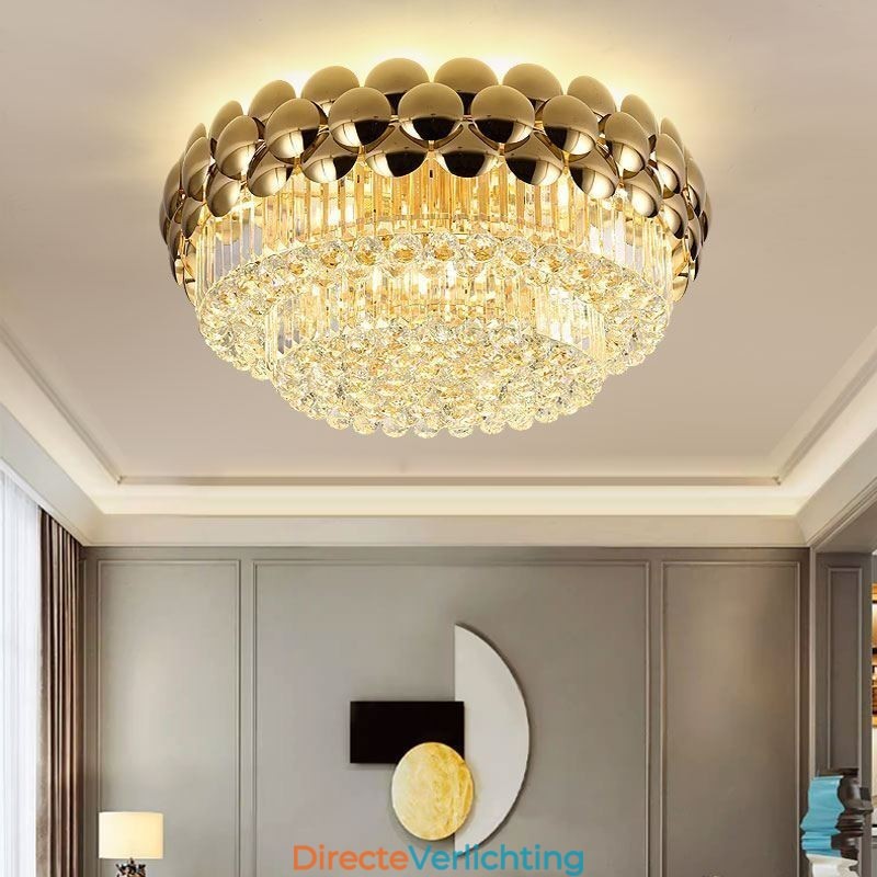 Kristallen plafondlamp in de vorm van een ronde, gegalvaniseerde gouden luxe decoratieve lamp van 80 cm