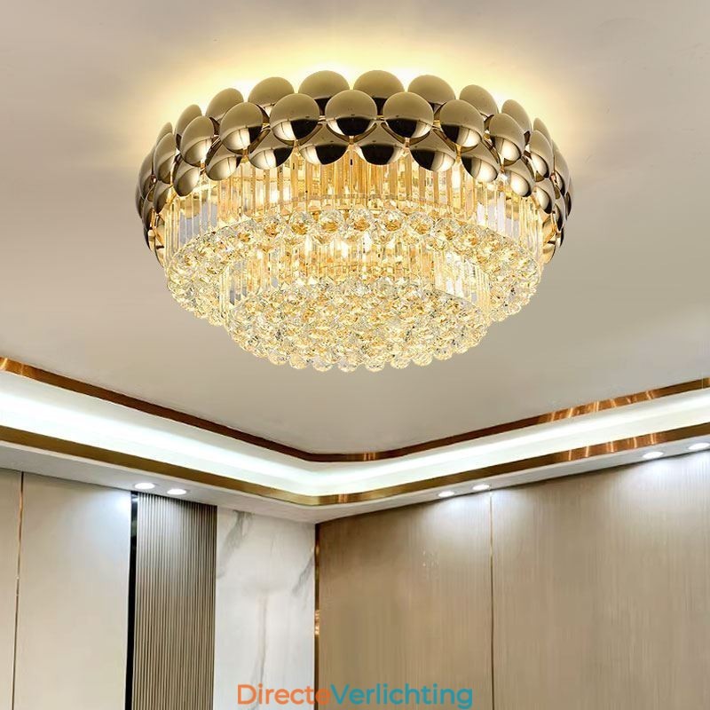 Kristallen plafondlamp in de vorm van een ronde, gegalvaniseerde gouden luxe decoratieve lamp van 80 cm