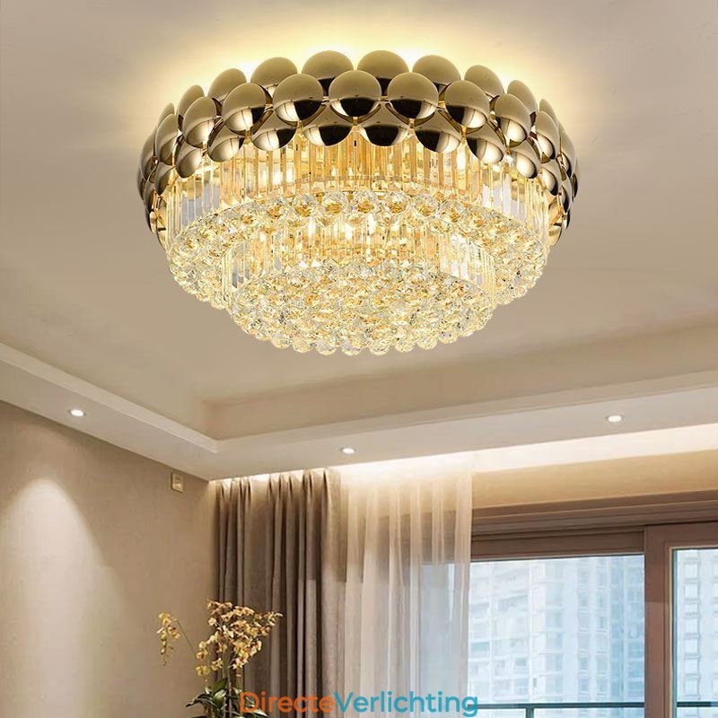 Kristallen plafondlamp in de vorm van een ronde, gegalvaniseerde gouden luxe decoratieve lamp van 80 cm