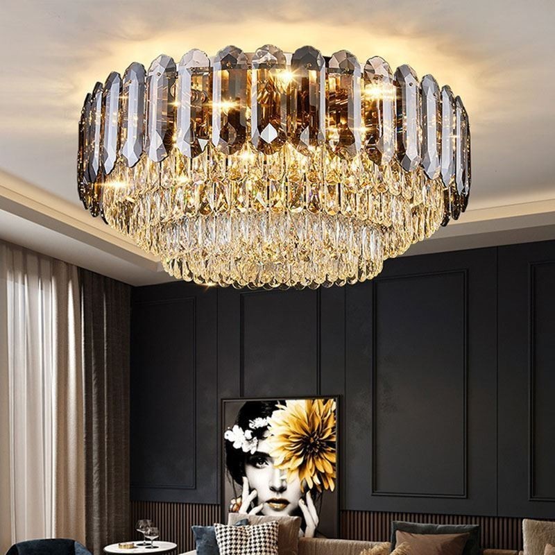Kristallen plafondlamp in rookgrijze uitvoering, ronde kristallen decoratie