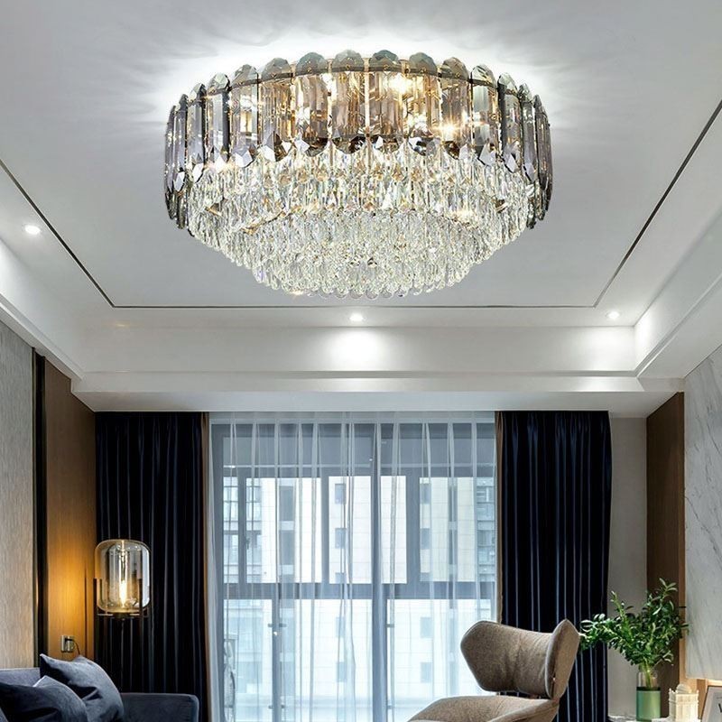 Kristallen plafondlamp in rookgrijze uitvoering, ronde kristallen decoratie