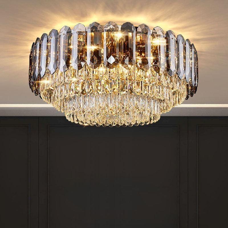 Kristallen plafondlamp in rookgrijze uitvoering, ronde kristallen decoratie