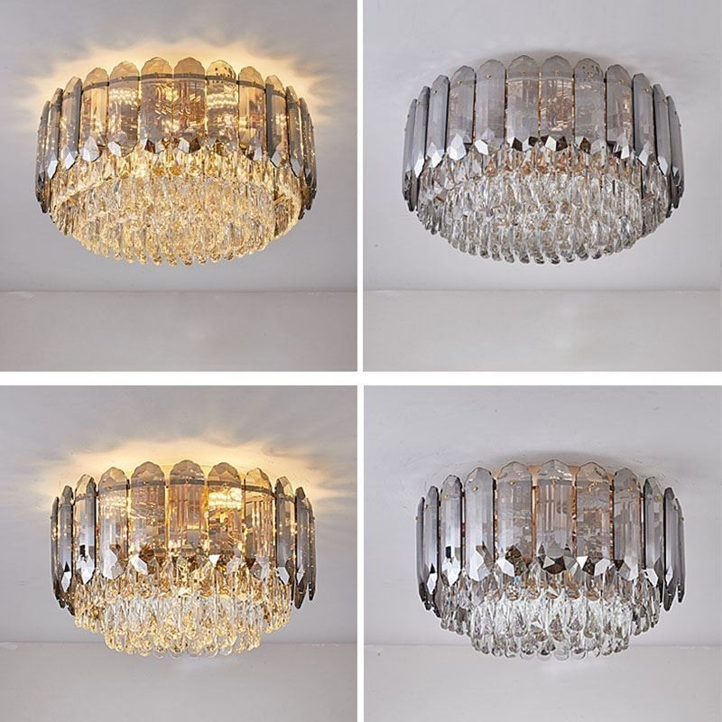 Kristallen plafondlamp in rookgrijze uitvoering, ronde kristallen decoratie