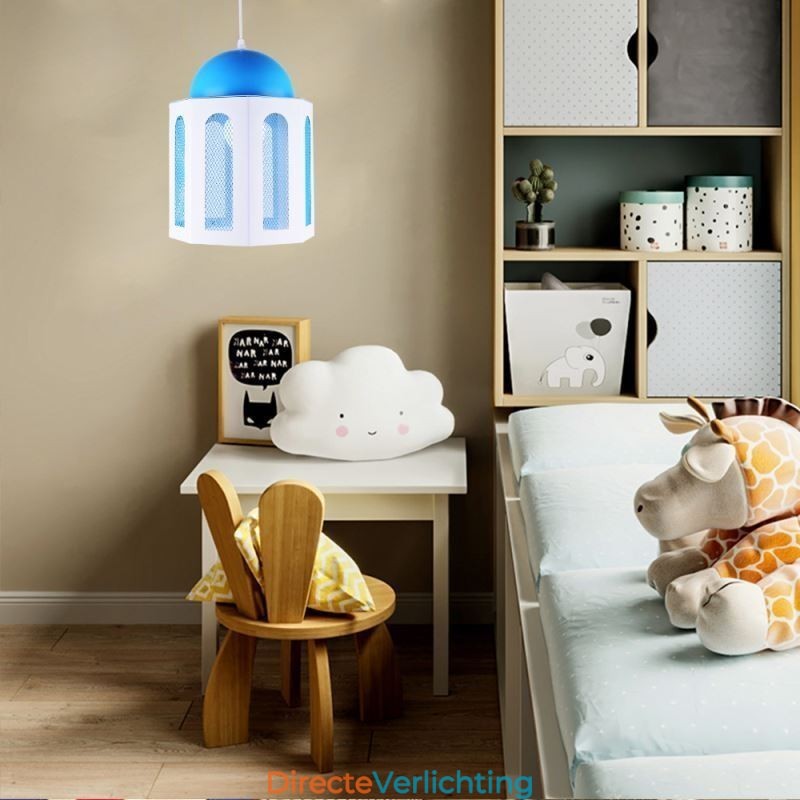 Kasteelvormige hanglamp, moderne blauwe en witte kleur
