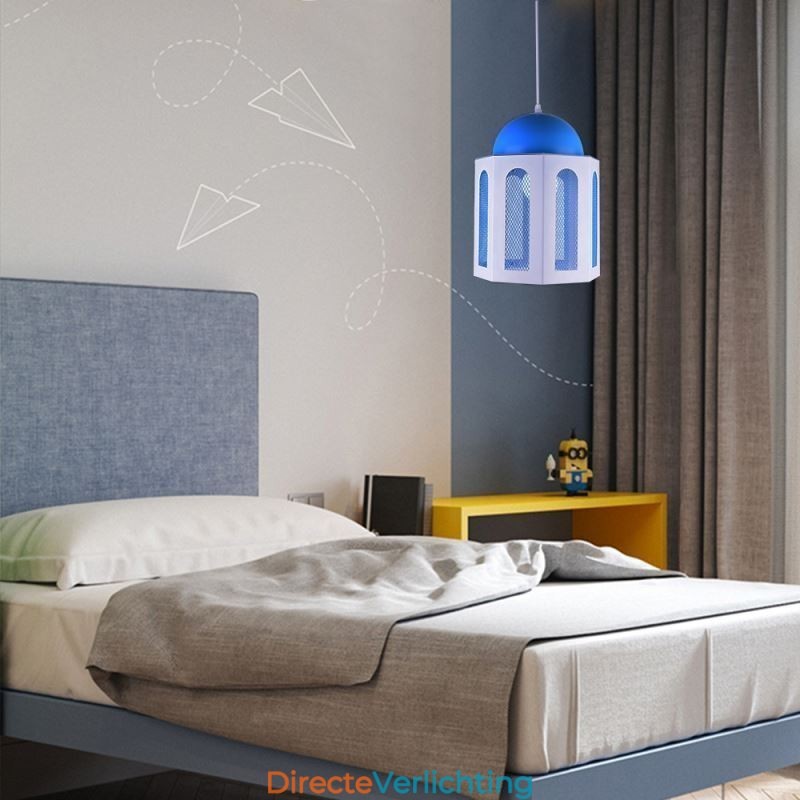 Kasteelvormige hanglamp, moderne blauwe en witte kleur