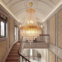 Moderne kristallen kroonluchter, eigentijdse elegante plafondlamp, duplex trap