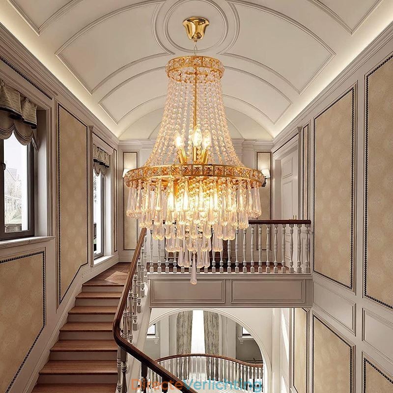 Moderne kristallen kroonluchter, eigentijdse elegante plafondlamp, duplex trap