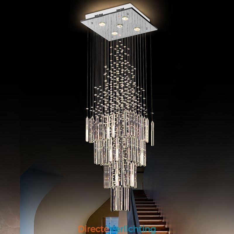 Moderne vierkante kristallen kroonluchter, eigentijdse elegante plafondlamp, duplex trap