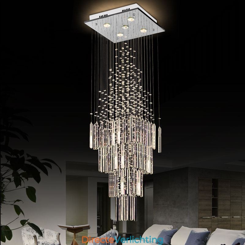 Moderne vierkante kristallen kroonluchter, eigentijdse elegante plafondlamp, duplex trap