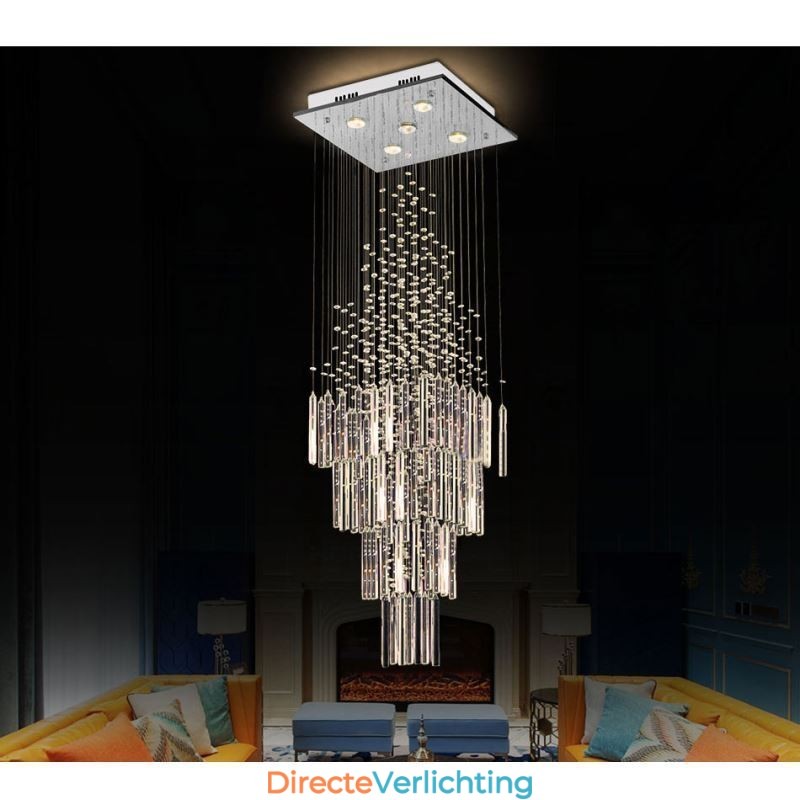 Moderne vierkante kristallen kroonluchter, eigentijdse elegante plafondlamp, duplex trap