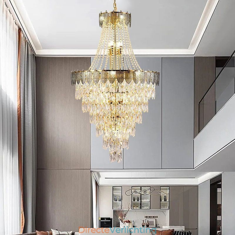 Taps toelopende kristallen hanglamp, opvallende decoratieve plafondlamp in duplexvorm