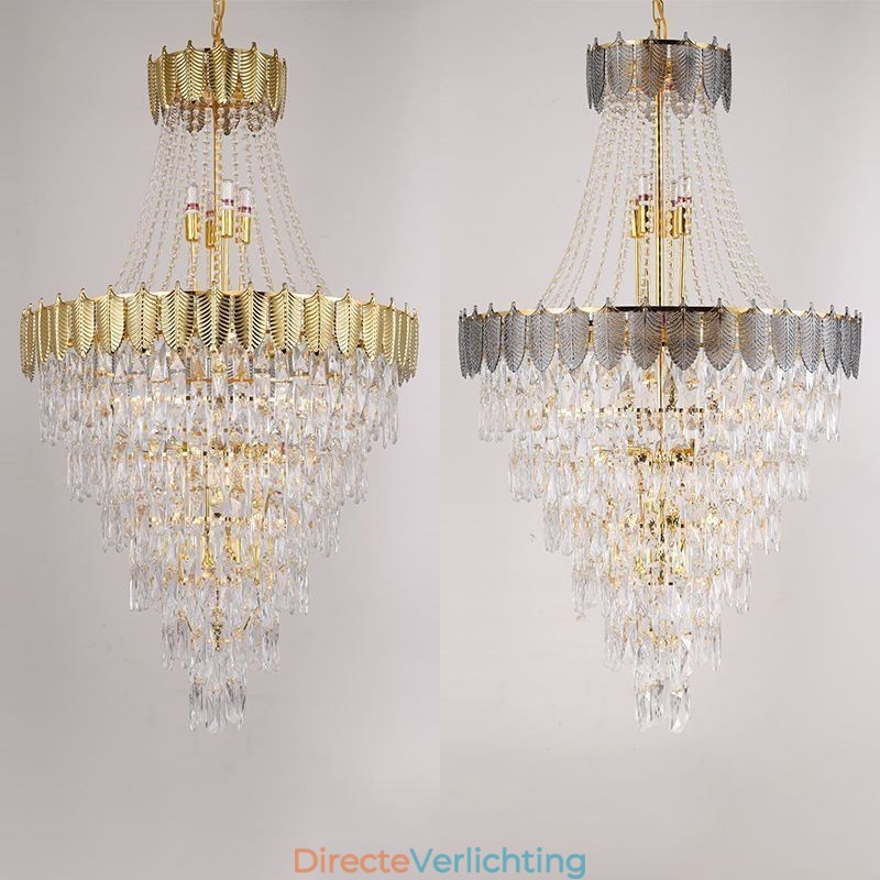 Taps toelopende kristallen hanglamp, opvallende decoratieve plafondlamp in duplexvorm