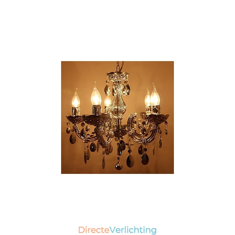 Moderne zilveren kroonluchter in acryl kristalstijl met 5 lampen