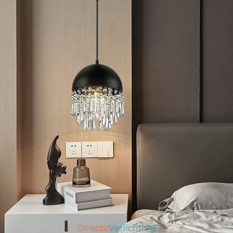 Kristallen hanglamp met kwastje, zwarte deksel, lampenkap