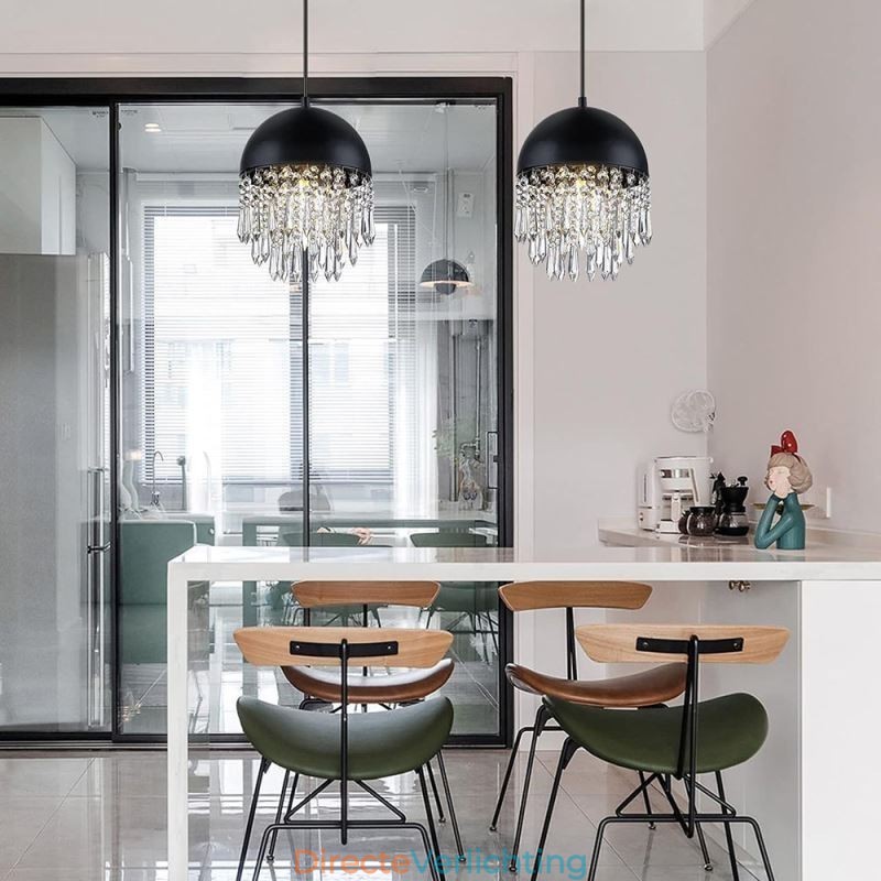 Kristallen hanglamp met kwastje, zwarte deksel, lampenkap