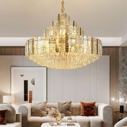 Kristallen hanglamp 4e verdieping Luxe decoratieve plafondlamp met gouden holle ijzeren plaat