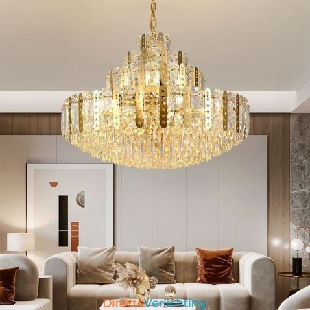 Kristallen hanglamp 4e verdieping Luxe decoratieve plafondlamp met gouden holle ijzeren plaat Kristallen hanglamp 4e verdieping Luxe decoratieve plafondlamp met gouden holle ijzeren plaat