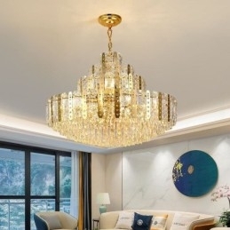 Kristallen hanglamp 4e verdieping Luxe decoratieve plafondlamp met gouden holle ijzeren plaat