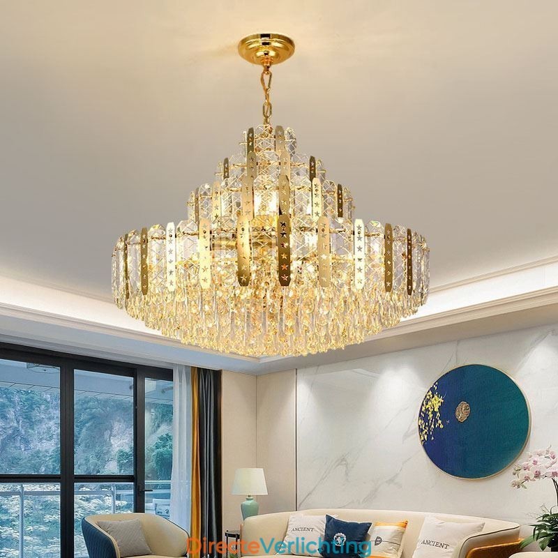 Kristallen hanglamp 4e verdieping Luxe decoratieve plafondlamp met gouden holle ijzeren plaat