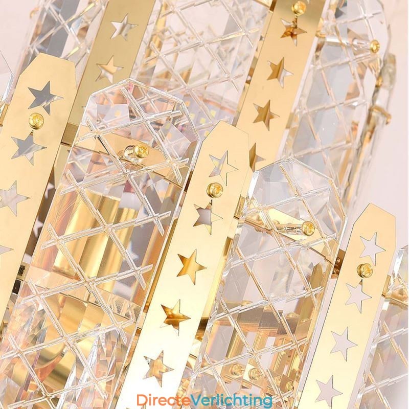 Kristallen hanglamp 4e verdieping Luxe decoratieve plafondlamp met gouden holle ijzeren plaat