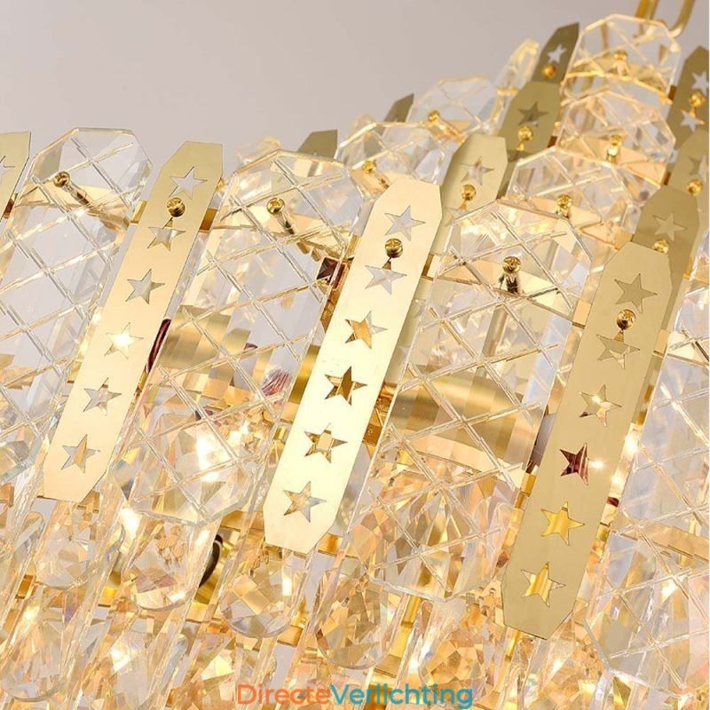 Kristallen hanglamp 4e verdieping Luxe decoratieve plafondlamp met gouden holle ijzeren plaat