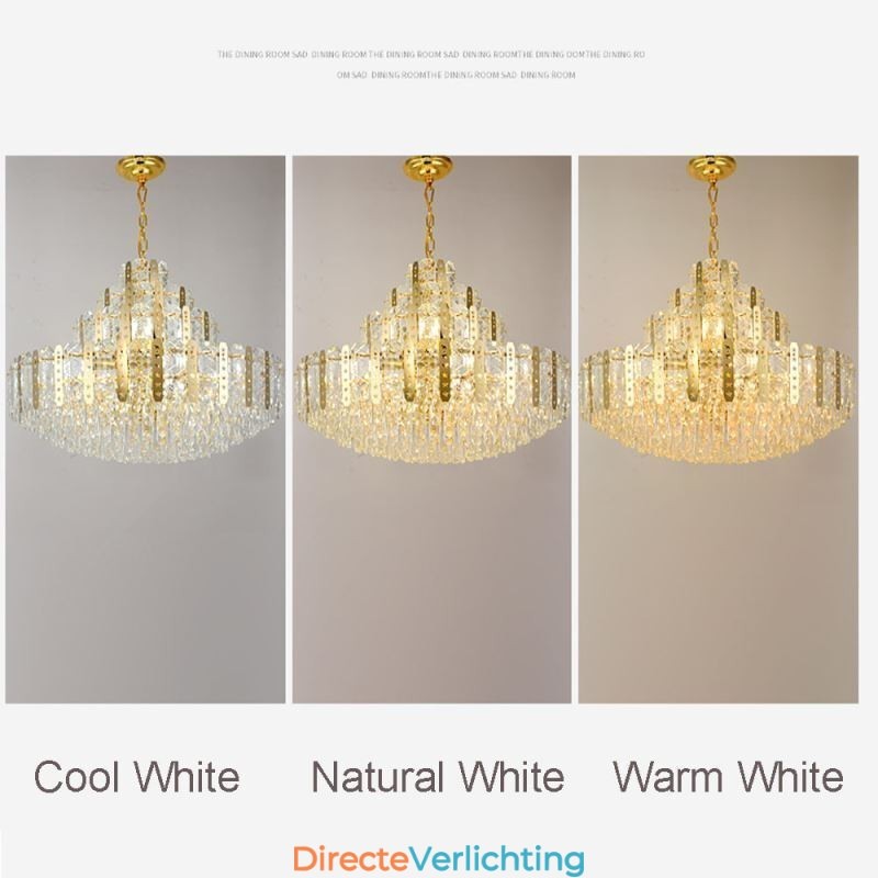 Kristallen hanglamp 4e verdieping Luxe decoratieve plafondlamp met gouden holle ijzeren plaat