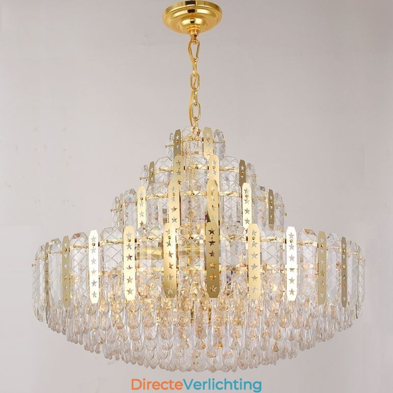 Kristallen hanglamp 4e verdieping Luxe decoratieve plafondlamp met gouden holle ijzeren plaat