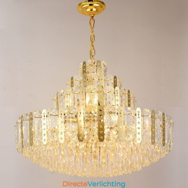 Kristallen hanglamp 4e verdieping Luxe decoratieve plafondlamp met gouden holle ijzeren plaat
