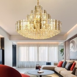 Kristallen hanglamp 4e verdieping Luxe decoratieve plafondlamp met gouden holle ijzeren plaat