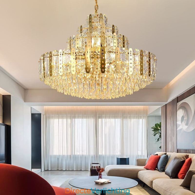 Kristallen hanglamp 4e verdieping Luxe decoratieve plafondlamp met gouden holle ijzeren plaat