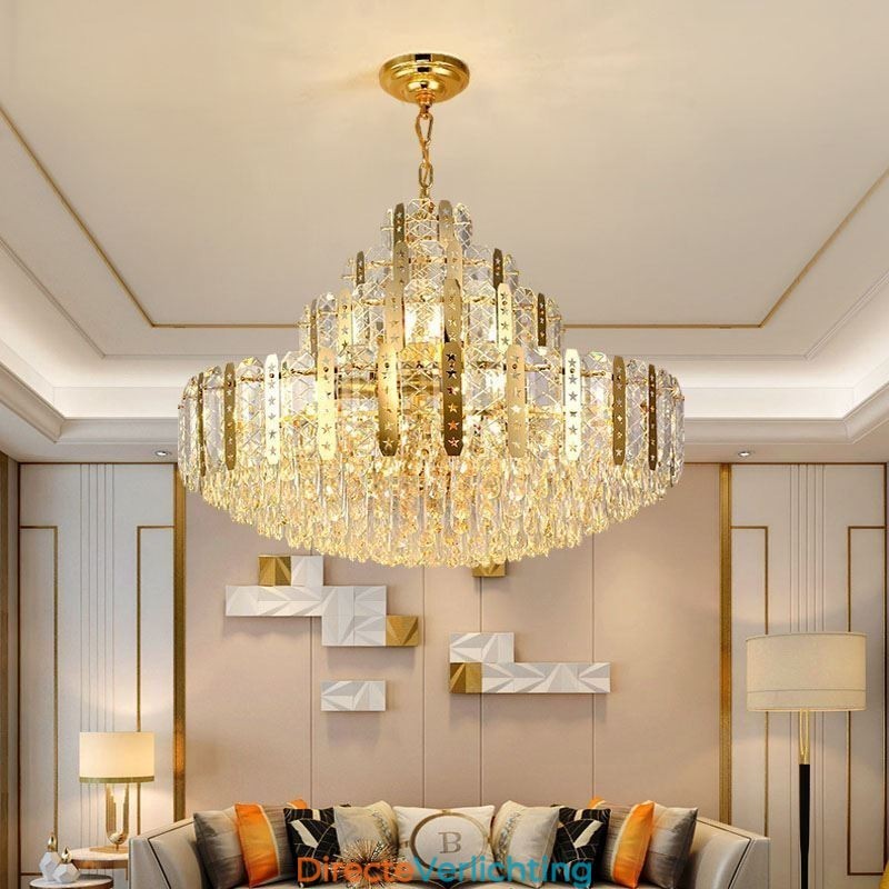 Kristallen hanglamp 4e verdieping Luxe decoratieve plafondlamp met gouden holle ijzeren plaat