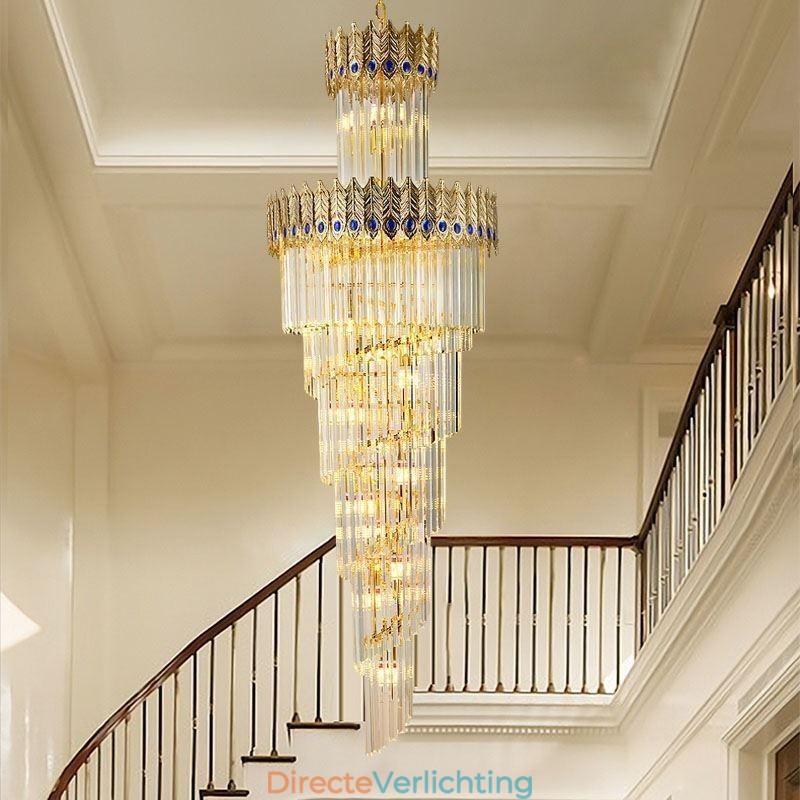 Gouden kristallen hanglamp, gegalvaniseerde gouden Phoenix staartlampenkap, plafondlamp