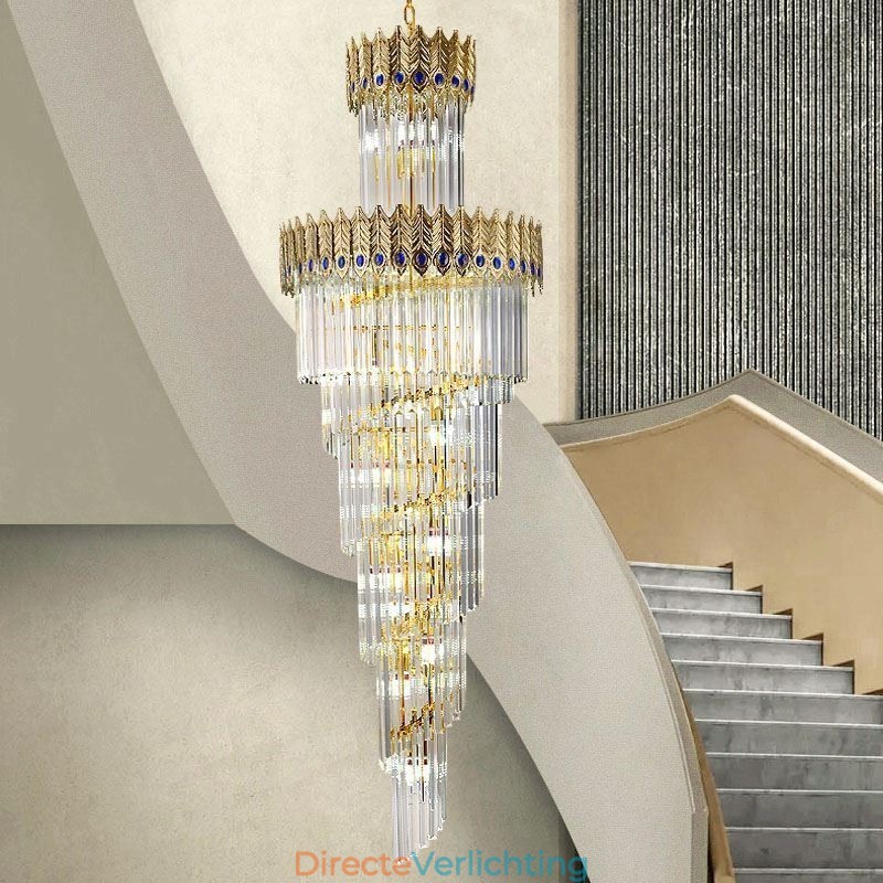Gouden kristallen hanglamp, gegalvaniseerde gouden Phoenix staartlampenkap, plafondlamp