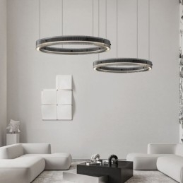 Hanglamp 60+80CM Dubbele Cirkel Glazen Plafondlamp Traploos Dimbaar Met Afstandsbediening