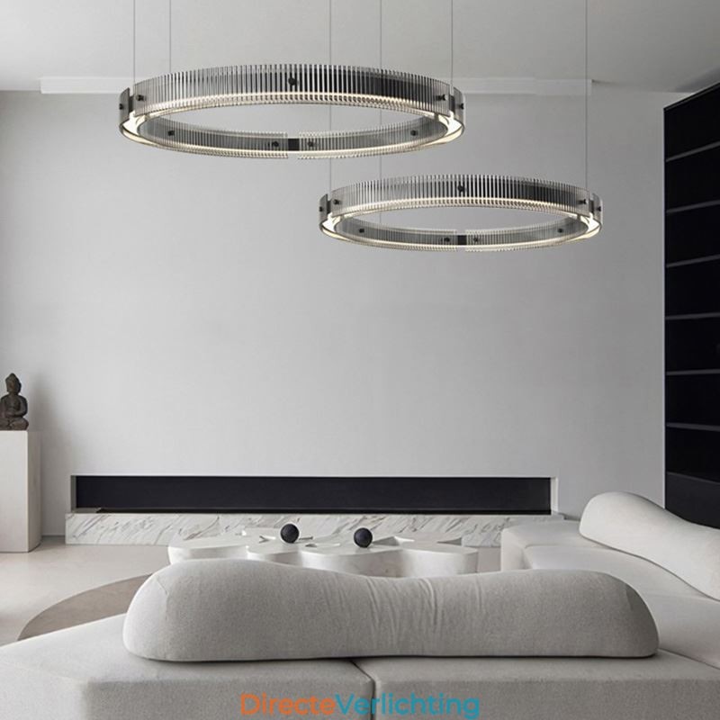 Hanglamp 60+80CM Dubbele Cirkel Glazen Plafondlamp Traploos Dimbaar Met Afstandsbediening