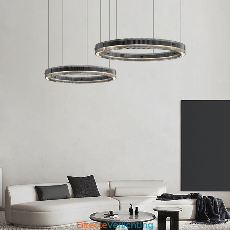 Hanglamp 60+80CM Dubbele Cirkel Glazen Plafondlamp Traploos Dimbaar Met Afstandsbediening