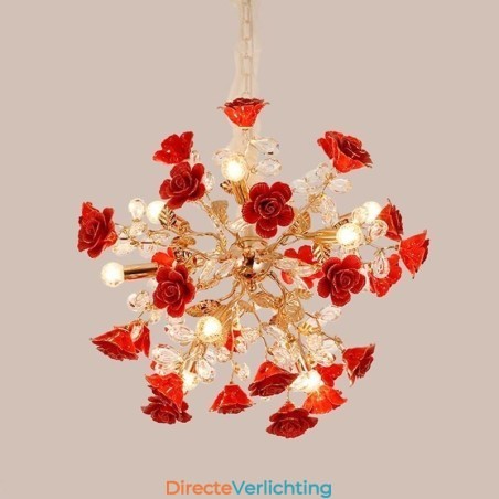 Luxe hanglamp van keramiek met rode bloemenkroonluchter Luxe hanglamp van keramiek met rode bloemenkroonluchter