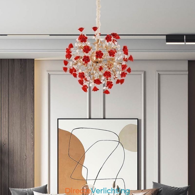 Luxe hanglamp van keramiek met rode bloemenkroonluchter