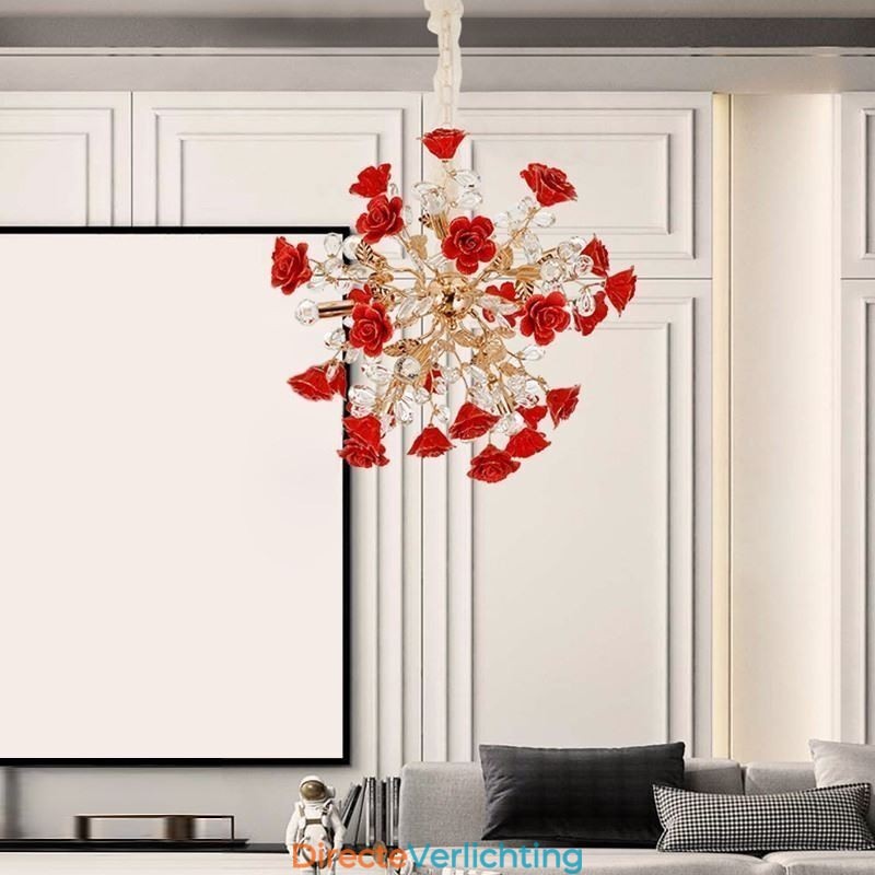 Luxe hanglamp van keramiek met rode bloemenkroonluchter