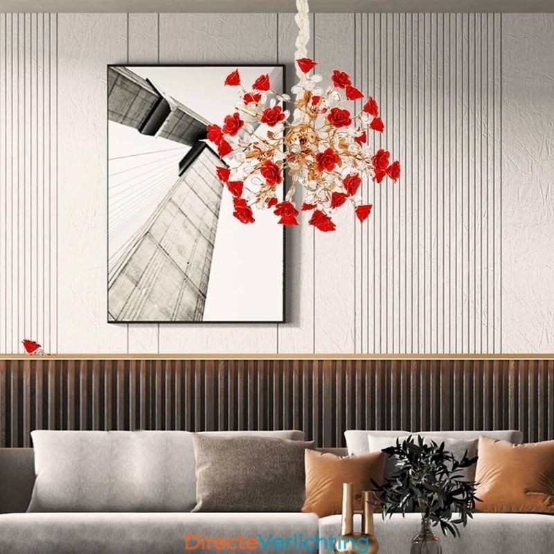 Luxe hanglamp van keramiek met rode bloemenkroonluchter