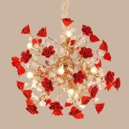 Luxe hanglamp van keramiek met rode bloemenkroonluchter