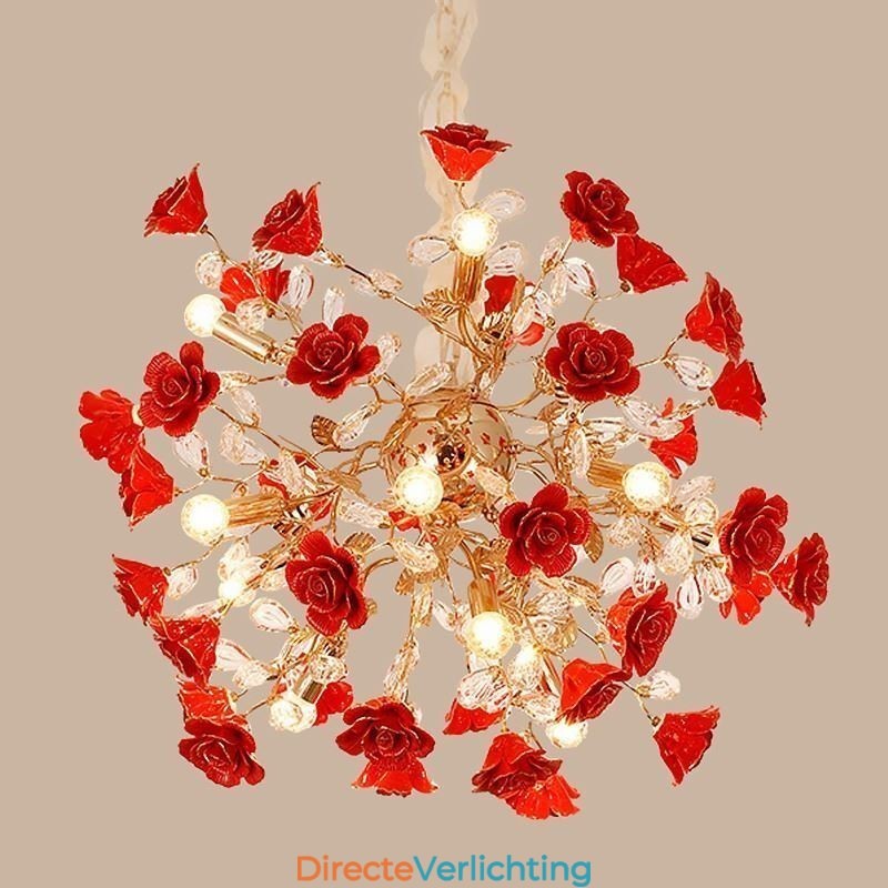 Luxe hanglamp van keramiek met rode bloemenkroonluchter