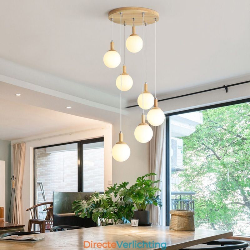 Japanse houten hanglamp, Scandinavische glazen hanglamp