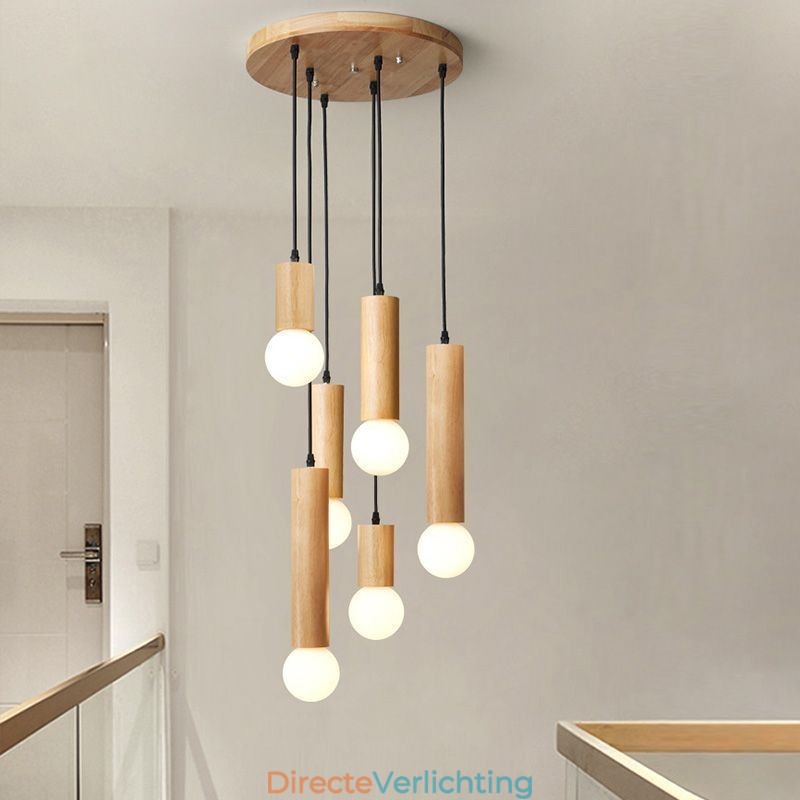 Japanse houten hanglamp 6 lampen hanglamp