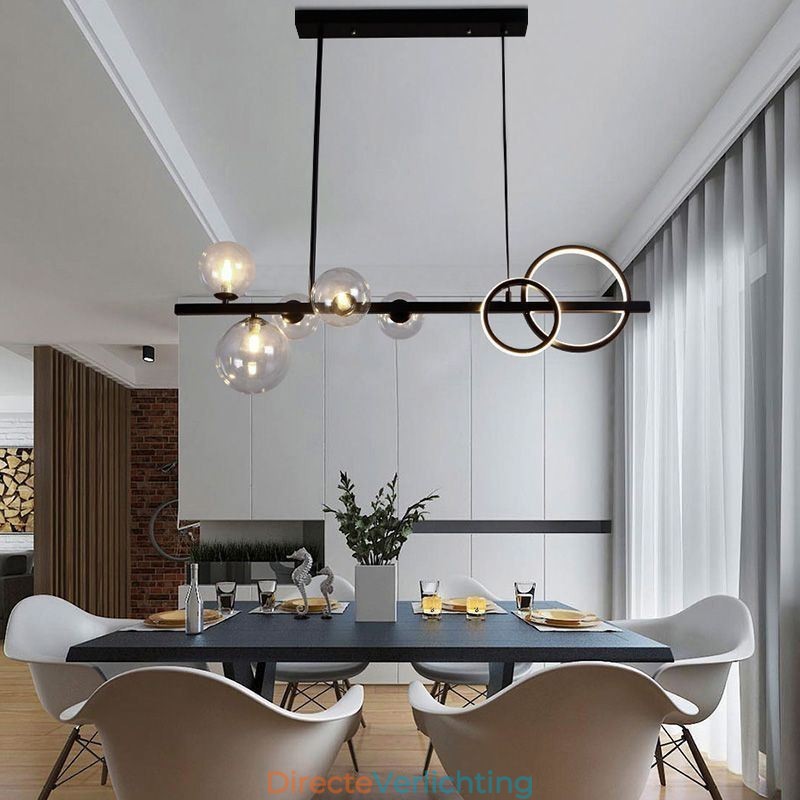 Moderne glazen bubbel hanglamp zwarte lange beugellampen