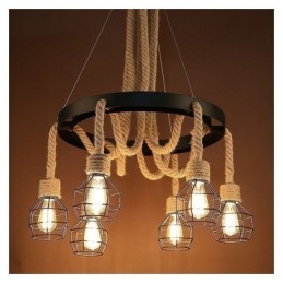 Retro stijl 6-koppige hanglamp van henneptouw met ijzeren lampenkap
